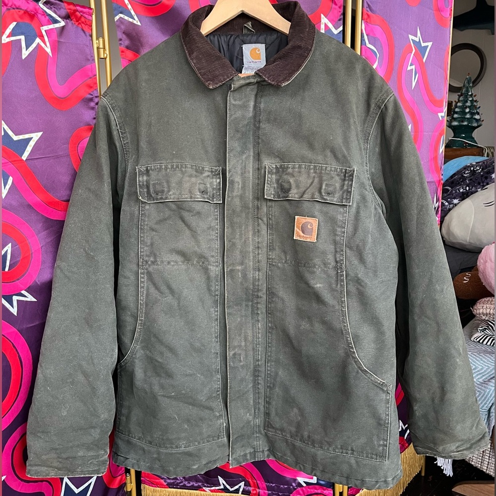 Vintage Carhartt Jacket Moss Green Quilt Lined Distressed Worn C26 MOS Thrashed